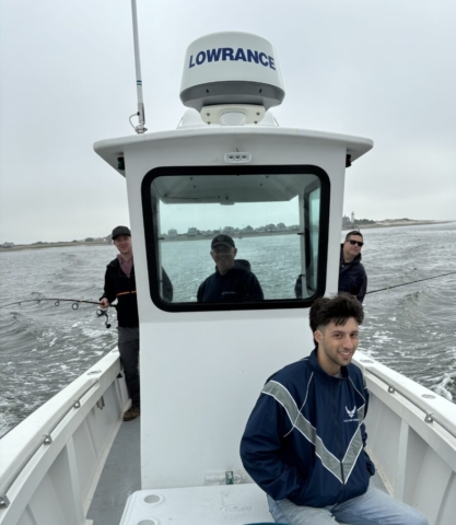 Captain and passengers on charter fishing boat
