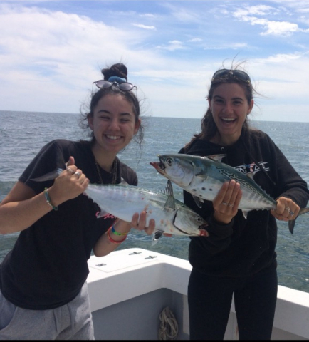 Two girls holding small skipjack tuna on deck of boat, blue sky and ocean in background